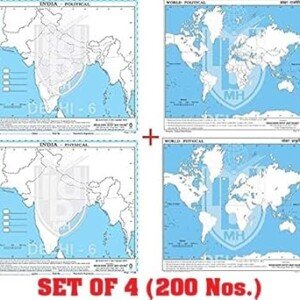 Outline Practice map of India and World (Both Political and Physical map) | Size- 18 x 22cm | Set Of 200 Maps | 50 Maps of Each Type